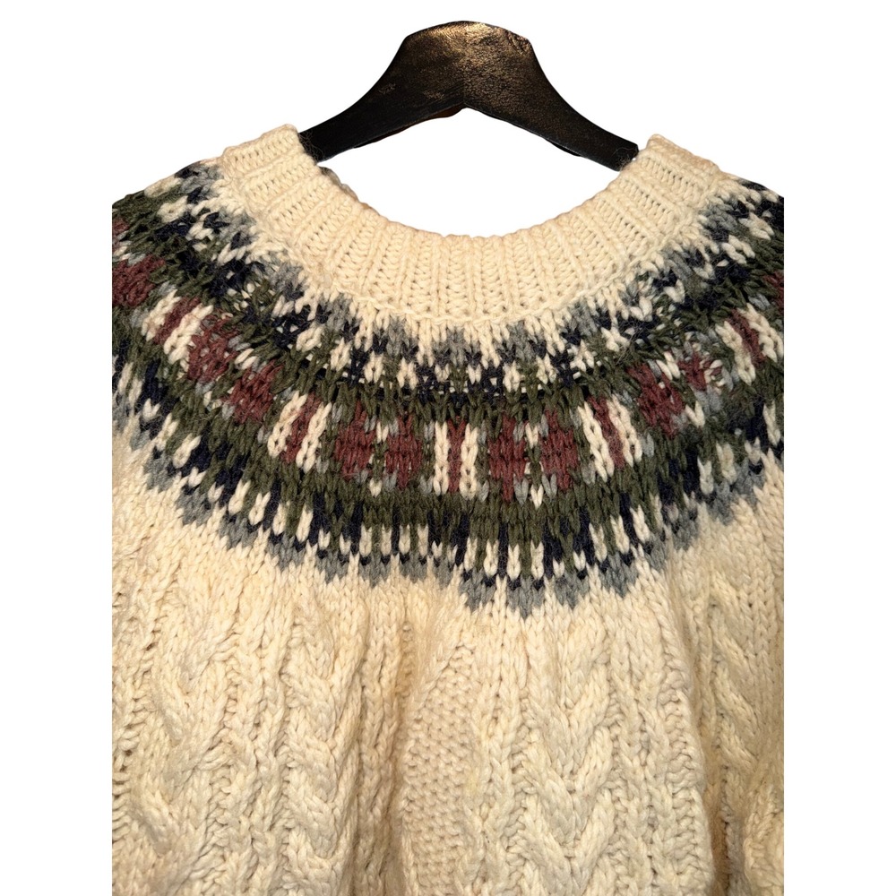 Zara Fair Isle Cable Knit Wool Blend Sweater Womens S Cream Green Burgundy - Picture 2 of 7
